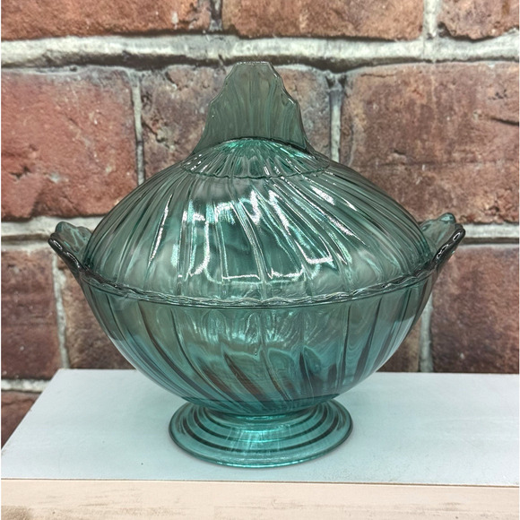 Vintage Jeannette Swirl Ultramarine 6" Candy Dish Pedestal w Lid 1937 UV Glow - Picture 2 of 14